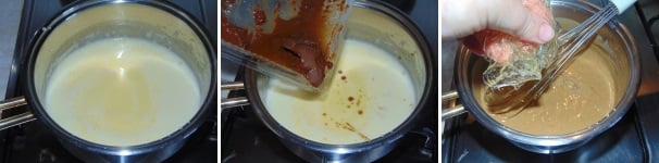 Una volta che il composto si sarà addensato unite la pasta di nocciole e mescolando unite anche metà della gelatina in ammollo, strizzandola leggermente.