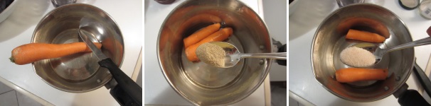 Lavate e sbucciate la carota, tagliate via le estremità e poi tagliatela a metà. Lessatela in poca acqua per circa dieci minuti, poi scolate, fate raffreddare e cospargete con pepe e sale.