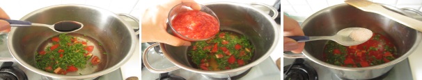 Mescolate gli ingredienti e aggiungete il dado (io ho usato quello liquido, ma potete utilizzare anche quello in polvere o a cubetti). Rimescolate tutto. Quando l’acqua inizia a bollire, aggiungete la polpa di pomodoro. Salate la zuppa a vostro piacere, rimescolate e cuocete a fuoco medio per circa venti minuti.