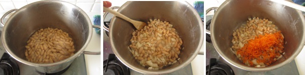 Mettete i fagioli in ammollo il giorno prima di realizzare il piatto e lasciateli per tutta la notte in un posto fresco e buio. Prima di usare i fagioli ammollati, sciacquateli bene, poi metteteli in una pentola  e coprite con l’acqua fresca. Sbucciate le cipolle e tagliatele finemente. Aggiungetele ai fagioli e rimescolate. Sbucciate la carota, tagliate l’estremità e grattugiatela grossolanamente, quindi aggiungetela ai fagioli. Mettete la pentola sul fuoco medio e coprite con il coperchio. Cuocete circa 60 minuti, mescolando ogni tanto.