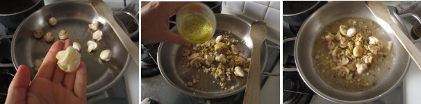 Schiacciate un spicchio d‘aglio ed aggiungetelo ai funghi. Soffriggetelo nella padella, dopo qualche minuto eliminatelo ed aggiungete le castagne sminuzzate. Rimescolate tutto e dopo pochi minuti aggiungete il brodo vegetale. Cuocete qualche minuto senza mescolare. Aggiungete le castagne intere e cospargete con il sale. Mescolate poco e coprite con il coperchio. Cuocete fin quando le castagne assorbiranno tutto il brodo.