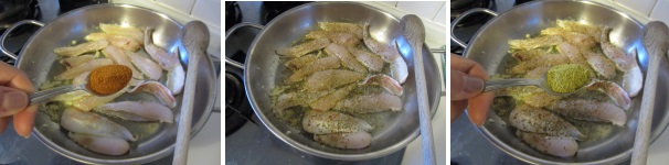 Mettete il pesce asciugato dell’acqua nell’olio con l’aglio e mescolate per ungerlo bene con l’olio. Saltate per qualche minuto sempre sul fuoco basso. Cospargete il pesce con la paprica in polvere, con il mix di erbe aromatiche per pesce e con il pepe alle erbe. Rimescolate tutto delicatamente, in modo da non rompere il pesce.