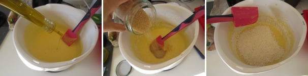 Sempre mescolando, unite l’olio a filo, poco alla volta, per non appesantire l’impasto. Dopo aver incorporato bene l’olio unite anche lo zucchero. Rimescolate delicatamente. Alla fine versate un po’ alla volta la farina setacciata, mescolando delicatamente.