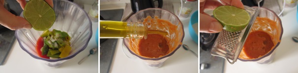 Lavate il lime e tagliatelo a metà. Spruzzate il succo del lime dentro il mixer. Frullate tutto insieme per ottenere una salsa omogenea, ma non  acquosa, leggermente granulosa e polposa.  Aggiungete dell‘olio a piacere per amalgamare un po’ la salsa. Grattugiate la scorza del lime e rimescolate tutto. Trasferite la salsa nel barattolo di vetro e conservatela in frigo.