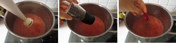 Cuocete la verdura nel brodo per circa 15 minuti. Raffreddate leggermente e frullate con un mixer ad immersione per ottenere una crema liscia ed omogenea. Aggiustate la zuppa con del sale, pepe nero ed aggiungete un peperoncino piccante fresco. Rifrullate tutto per sminuzzare bene il peperoncino. Aggiungete un po’ di olio di oliva.