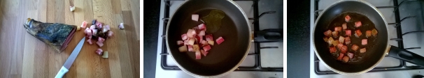 Per preparare la carbonara di piselli tagliate a dadini il guanciale. Fatelo rosolare in una padella con un filo d’olio. Cuocete a fuoco vivace per 5 minuti, fino a quando i cubetti di guanciale non saranno diventati dorati e croccanti. Toglieteli dalla padella e teneteli da parte.