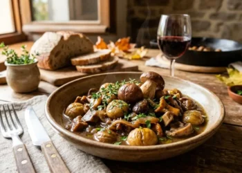 Padella in ghisa con castagne in umido e funghi champignon ben caldi
