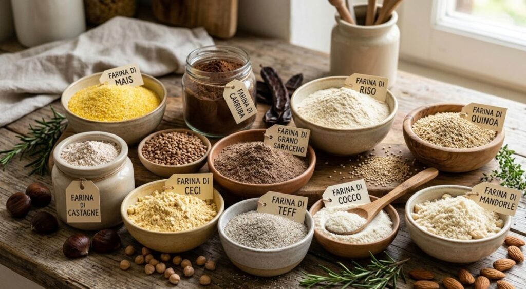Una varietà di farine alternative in ciotole di ceramica su un tavolo di legno, incluse farina di castagne, carrube, ceci, mandorle e riso, con etichette identificative e ingredienti naturali sparsi.