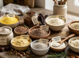 Una varietà di farine alternative in ciotole di ceramica su un tavolo di legno, incluse farina di castagne, carrube, ceci, mandorle e riso, con etichette identificative e ingredienti naturali sparsi.