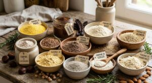 Panoramica delle farine alternative per ricette sane. Una varietà di farine alternative in ciotole di ceramica su un tavolo di legno, incluse farina di castagne, carrube, ceci, mandorle e riso, con etichette identificative e ingredienti naturali sparsi.