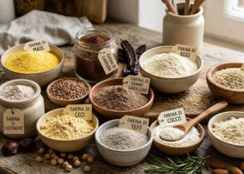 Una varietà di farine alternative in ciotole di ceramica su un tavolo di legno, incluse farina di castagne, carrube, ceci, mandorle e riso, con etichette identificative e ingredienti naturali sparsi.