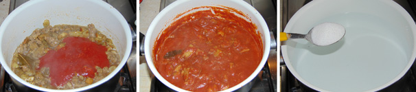 Versate nella casseruola la passata di pomodoro, salate e portate a bollore, in seguito abbassate la fiamma e lasciate cuocere per un’ora circa, meglio se con un coperchio. In una pentola alta versate l’acqua con un cucchiaio raso di sale e portatela a bollore, questa servirà per cucinare la polenta.