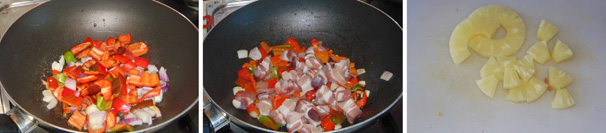 In una padella, preferibilmente wok, fate scaldare l’olio e contemporaneamente unite i peperoni e la cipolla a dadini. Una volta che le verdure saranno rosolate e morbide sarete pronti ad unire anche bocconcini di maiale che lascerete sigillare con la fiamma alta, giusto per un paio di minuti. Abbassate la fiamma e salate gli ingredienti, ma non troppo, dunque lasciateli cuocere per una decina di minuti. Intanto che tutto cuoce , sgocciolate e tagliate le fette di ananas a pezzi.
