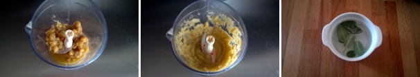 Trasferite i ceci nel bicchiere del frullatore, aggiungete un po’ di acqua di cottura e frullate fino ad ottenere una crema densa e omogena. Se necessario aggiungete altra acqua di cottura fino ad ottenere la consistenza desiderata. Tenete la crema di ceci da parte. Sciacquate la salvia. Trasferite i ceci nel bicchiere del frullatore, aggiungete un po’ di acqua di cottura e frullate fino ad ottenere una crema densa e omogena. Se necessario aggiungete altra acqua di cottura fino ad ottenere la consistenza desiderata. Tenete la crema di ceci da parte. Sciacquate la salvia.