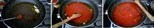 Quando l’aglio comincia ad imbiondire, aggiungete un cucchiaino abbondante di nduja e lasciatelo sciogliere lentamente per evitare di bruciarlo. Aggiungete la passata di pomodoro, salate e portate ad ebollizione. Aggiungete il vino bianco e fate evaporare l’alcool. Coprite e fate cuocere per 25-30 minuti, fino a quando la salsa non sarà cotta.