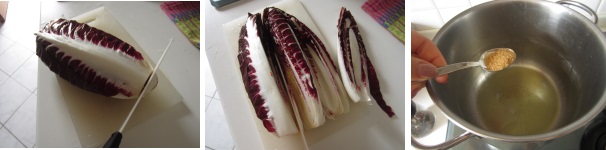 Preparate il radicchio. Togliete le prime foglie e tagliate il gambo se è troppo lungo. Lavatelo ed asciugatelo, quindi tagliatelo in senso verticale a fette spesse circa di un centimetro e cospargete con un po’ sale. In una pentola versate l’acqua ed aggiungete lo zucchero. Mescolate e iniziate a riscaldare a fuoco medio. Quando l’acqua inizia a bollire, abbassate il fuoco.