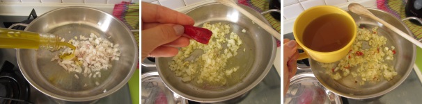 Sbucciate la cipolla e tagliatela a dadini. Riscaldate un po’ di olio in una padella capiente e soffriggete la cipolla. Tagliate le estremità del peperoncino. Unite alla cipolla i semi del peperoncino, mentre il peperoncino intero tagliatelo a rondelle. Aggiungetelo al soffritto e rimescolate. Quando la cipolla prenderà colore, aggiungete il brodo e rimescolate tutto.