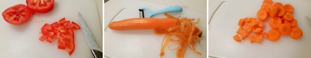 Continuate a tagliare a fette i pomodori ramati e poi a cubetti, per ultime pelate le carote eliminando in maniera accurata la buccia. Tagliatele a rondelle e poi a quarti.