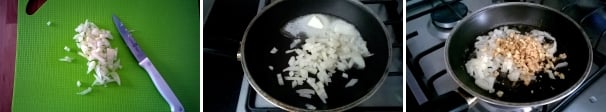 Tritate finemente la cipolla e fatela rosolare in una padella insieme a 50 grammi di burro. Tritate finemente le noci e aggiungetele alla cipolla. Tenetene un cucchiaio da parte. Fate tostare per qualche minuto.