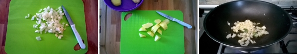 Preparate un trito con la cipolla e l’aglio. Tagliate le patate a dadini. Fate rosolare il trito di cipolla e aglio in un tegame dai bordi alti, insieme alla salvia, fino a quando non diventa dorato.