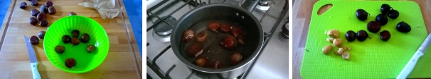 Iniziate incidendo lateralmente le castagne con un coltellino. Fatele bollire per almeno 30 minuti in un pentolino con abbondante acqua e poi fatele raffreddare. Sbucciatele, spellatele e tenetele da parte.