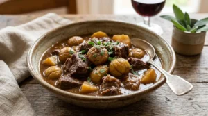 Spezzatino di manzo con castagne e patate in ciotola rustica Ciotola in ceramica con spezzatino di manzo morbido, castagne intere e patate, guarnito con salvia fresca