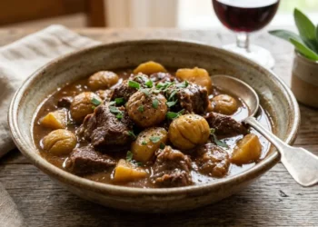 Ciotola in ceramica con spezzatino di manzo morbido, castagne intere e patate, guarnito con salvia fresca