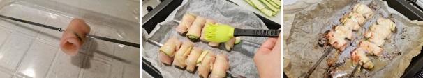 Arrotolate la carne di pollo su se stessa con all’interno la fetta di zucchine, avrete così composto l’involtino, infilzatelo nello spiedino di metallo, proseguite in questo modo fino al termine delle fettine di carne. Trasferite gli spiedini su di una placca foderata con della carta da forno bagnata e strizzata, spennellateli con la salsa a base di limone e senape e metteteli in forno già caldo a 200° gradi per 10 minuti. Di tanto in tanto, girateli e spennellateli con il condimento.