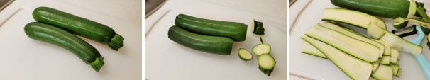 Prendete le zucchine, lavatele accuratamente sotto l’acqua corrente e con un coltello eliminate le estremità. Con un pelapatate riducetele a strisce sottili di 2-3 millimetri, nel senso della lunghezza.