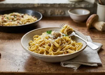 Piatto di tagliatelle con funghi porcini, pancetta croccante e castagne spolverato con pepe nero e formaggio grattugiato
