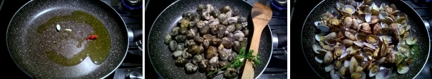 Nel frattempo preparate le vongole. Fate rosolare l’aglio e il peperoncino insieme all’olio extravergine d’oliva in una padella abbastanza capiente. Quando l’aglio comincia ad imbiondire, aggiungete le vongole e qualche ciuffo di prezzemolo. Coprite con un coperchio e cuocete per 5 minuti per far aprire i gusci. Togliete il coperchio e fate cuocere per 15 minuti ancora.