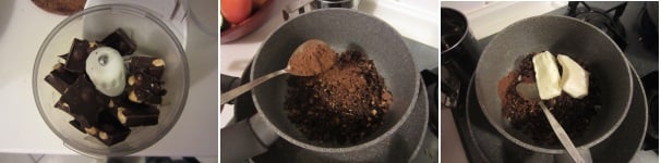 Tritate il cioccolato grossolanamente in un tritatutto. Versatelo in un tegamino posto in un’altro più grande pieno di acqua. Fatelo scaldare in modo da sciogliere il cioccolato a bagnomaria. Aggiungete il cacao, il burro e il cocco. Mescolate per unire gli ingredienti.