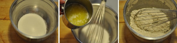 In un’altra ciotola mettete lo zucchero e il burro fuso leggermente intiepidito. Sbattete i due ingredienti insieme fino a creare un composto sufficientemente omogeneo.