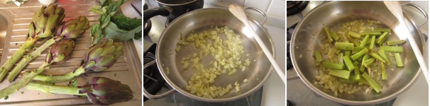 Pulite i carciofi. Levate le foglie esterne per arrivare al cuore tenero e tagliate la cima delle foglie. Sbucciate il gambo. Togliete la peluria interna. Sbucciate lo scalogno e tagliatelo a cubetti. Scaldate l’olio in una padella e soffriggete lo scalogno. Tagliate i gambi a pezzettini più piccoli ed aggiungeteli allo scalogno.