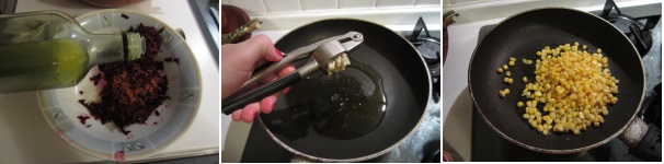Versate sopra un po’ di olio e rimescolate. Lasciate da parte. Sbucciate l’aglio e schiacciatelo. Riscaldate l’olio in una padella e soffriggete l’aglio per un minuto. Scolate il mais ed aggiungetelo all’aglio. Rimescolate e cuocete fuoco basso per circa 10 minuti, comunque fin quando il mais non diventerà croccante.
