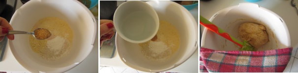 Unite lo zucchero e rimescolate gli ingredienti secchi. Versate l’acqua calda nella farina, poca alla volta, mescolando continuamente. Non dovete usare necessariamente tutta l’acqua. Il composto deve essere omogeneo e compatto, non troppo duro né troppo molle, quindi dosate l’acqua con attenzione. Lavorate l’impasto con le mani per qualche minuto. Create una pallina e rimettetela nella ciotola. Coprite con un canovaccio pulito e lasciate lievitare per 30-40 minuti.