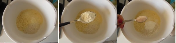 Versate in una ciotola alta la farina di ceci. Unite la farina di grano saraceno a pioggia. Rimescolate per unire bene le due farine. Aggiungete il lievito in polvere e rimescolate. Aggiungete il sale.