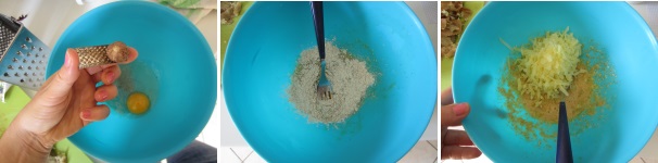 Grattugiate la noce moscata, aggiungete la farina e rimescolate per ottenere un composto liscio ed omogeneo. Unite le patate grattugiate e del sale.