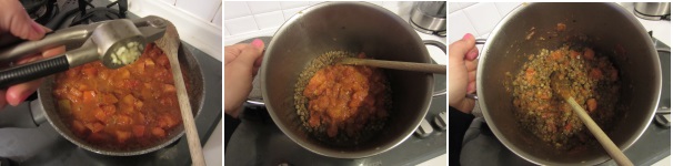 Unite l’aglio schiacciato e cuocete tutto ancora per qualche minuto. Unite le lenticchie scolate e raffreddate e rimescolate. Aggiustate con sale e pepe e servite in tavola.
