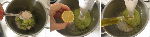 Aggiustate tutto con il sale e iniziate a frullare con il mixer ad immersione, aggiungendo poco alla volta il succo di limone. Sempre lavorando la vellutata, unite l‘olio a filo. La vellutata è pronta quando la consistenza sarà liscia ed omogenea. Se volete potete  consumarla cruda, altrimenti riscaldatela per qualche minuto senza cuocerla. Cospargete con il peperoncino e servite.