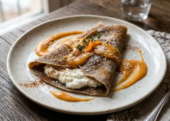 Crepes di farina di castagne farcite con ricotta e guarnite con crema di cachi e cannella