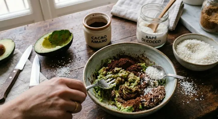 Con l’ausilio di una forchetta, schiacciate ben bene l’avocado in modo che anche lo zucchero possa sciogliersi, quindi procedete unendo la polvere di cacao amaro e continuando ad amalgamare bene il tutto. Infine, unite il rapè di cocco in quantità adeguate ad ottenere un impasto sodo e facile da lavorare con le mani.