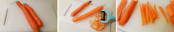 Prendete le carote, lavatele sotto abbondante acqua corrente, spuntatele con un coltello e pelatele in maniera accurata con l’aiuto di un pelapatate. Procedete tagliando le carote a julienne, ovvero in piccole listarelle di ugual misura.