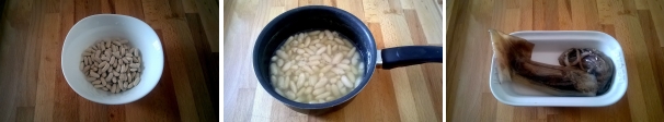 Iniziate dalla preparazione dei fagioli. Cuoceteli per 50 minuti in un pentolino con abbondante acqua salata. Quando saranno cotti, ma non sfatti, spegnete la fiamma e teneteli da parte nelle loro acqua di cottura. Nel frattempo prendete il totano e pulitelo.