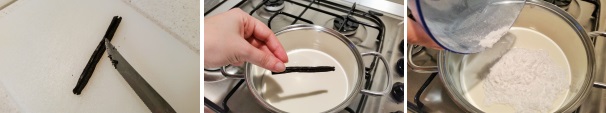 Procedete facendo un’incisione sul baccello di vaniglia in modo che i semini all’interno rilascino tutto il loro aroma, unite la vaniglia alla panna fresca e aggiungete lo zucchero a velo.