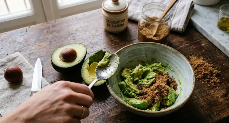 Per preparare questi deliziosi dolcetti avrete bisogno di un buon avocado ben maturo, in modo da poter lavorare bene la polpa. Aprite il vostro avocado a metà ed estraete il nocciolo, quindi con un cucchiaio estraete tutta la polpa del frutto ed adagiatela in una ciotola in cui andrete successivamente ad aggiungere anche lo zucchero di canna.