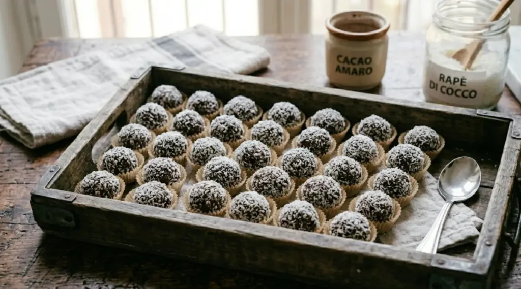 Vassoio di legno rustico pieno di tartufini al cioccolato e avocado rotolati nel rapè di cocco, pronti per essere serviti su una tavola di legno antica.