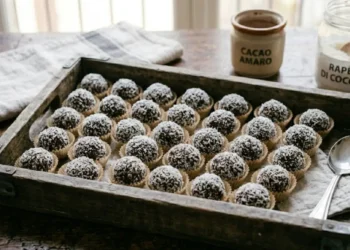 Vassoio di legno rustico pieno di tartufini al cioccolato e avocado rotolati nel rapè di cocco, pronti per essere serviti su una tavola di legno antica.