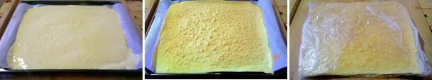 Foderate una teglia da forno quadrata con della carta forno. Ungetela con un filo d’olio e cospargetela di zucchero. Versatevi l’impasto livellandolo con una spatola. Infornate a 180 °C per 10 minuti. Quando l’impasto comincia a dorare è pronto. Togliete la pasta biscuit dalla teglia sollevandola con la carta forno. Cospargete la superficie con dello zucchero e ricopritela interamente con della pellicola in modo che raffreddandosi rimanga umida e si possa arrotolare più facilmente.