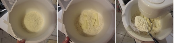 Setacciate la farina. Tagliate il burro freddo a cubetti ed aggiungetelo alla farina. Versate anche lo zucchero e iniziate a lavorare con una planetaria a velocità bassa.